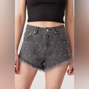 Mustard Seed Charcoal Gray Studded Frayed Hem Denim Shorts